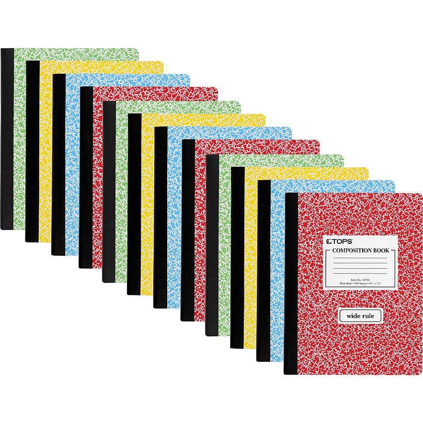 TOPS Wide Ruled Composition Books 100 Sheets - 200 Pages - Sewn - Wide Ruled Front Ruling - Ruled Red Margin - 7 1/2" x 9 3/4" Sheet Size - White Paper - Assorted Marble Hardboard Cover - 12 / Carton (63794CT)