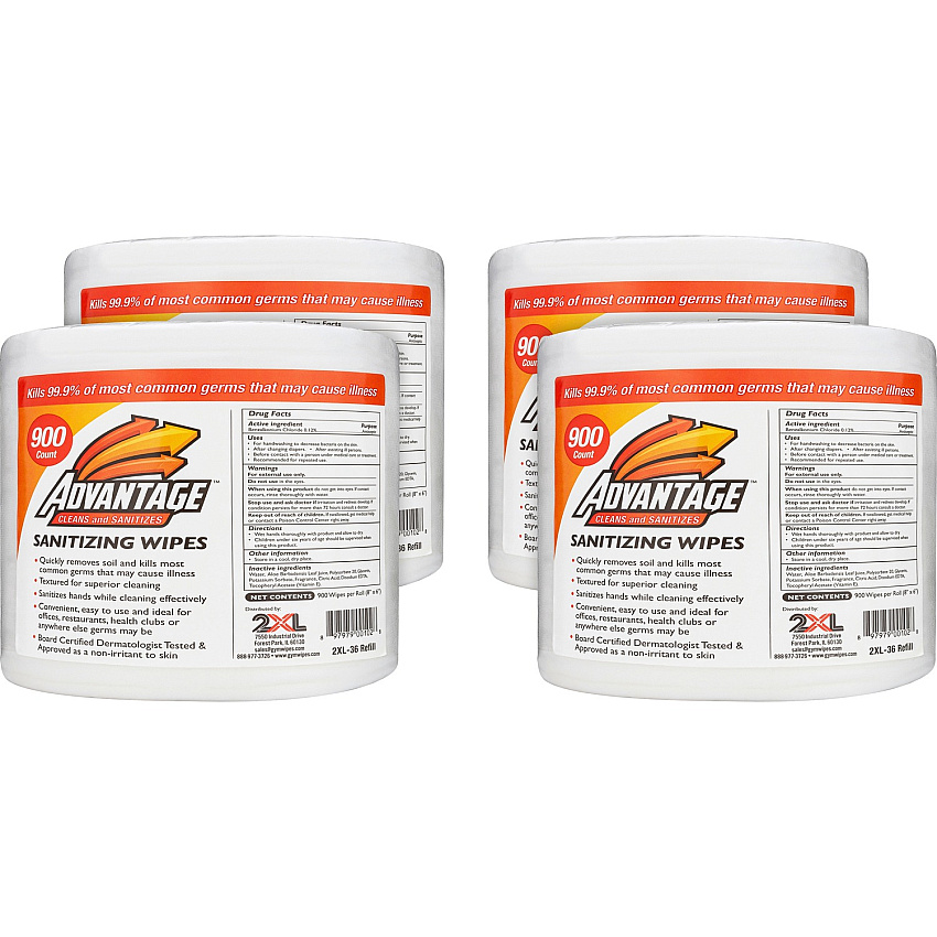 2XL Advantage Sanitizing Wipes For Multi Surface - 8" Length x 6" Width - Alcohol-free, Phenol-free, Bleach-free, Ammonia-free, Non-toxic, Non-irritating - White - 900/Roll - 4 / Carton (L36CT)