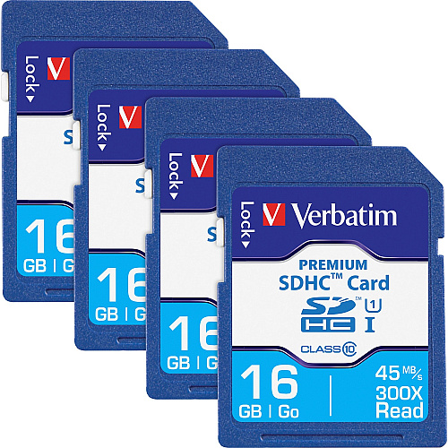 Verbatim Premium 16 GB Class 10/UHS-I (U1) SDHC - 4 Pack 20 MB/s Read - 9 MB/s Write - 133x Memory Speed (96808BX)