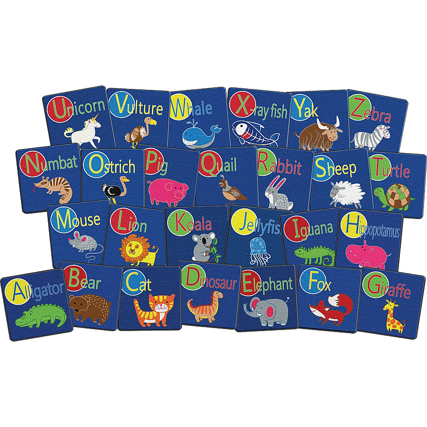 Flagship Carpets Alphabet Animal Seating Squares 16" Length x 16" Width x 0.50" Thickness - Square - Multicolor - 26 / Carton (FE405STA)