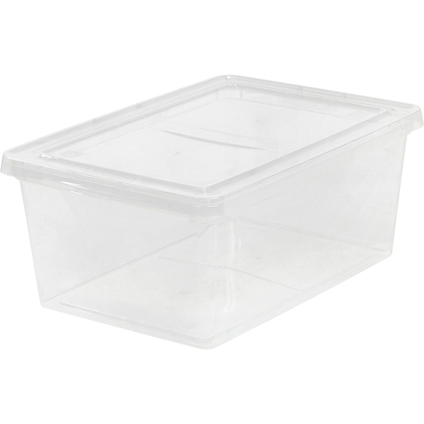 IRIS 17-quart Storage Box External Dimensions: 17.5" Length x 12" Width x 17.5" Depth x 7" Height - 4.25 gal - Snap-in Lid Closure - Stackable - Plastic - Clear - For Scissors, Notebook, Office Supplies, Sweater, Purse, Towel, Stapler - 1 Each (200410)