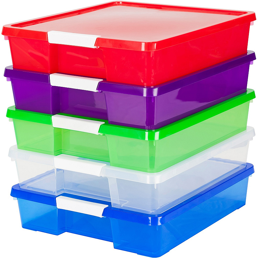 Storex Stackable Craft Box External Dimensions: 14" Length x 14" Width x 3" Height - Latching Closure - Stackable - Assorted Bright - For Classroom Supplies, Paper, Decoration Equipment, Craft Supplies - 5 / Carton (63202U05C)