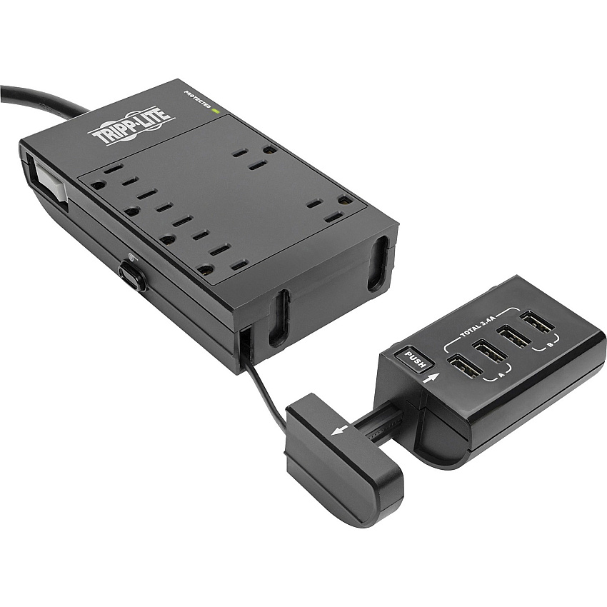 Tripp Lite by Eaton Protect It! 6-Outlet Surge Protector, 4 USB Ports, 6 ft. Cord, 1080 Joules, Diagnostic LED, Black Housing 6 x NEMA 5-15R, 4 x USB - 1800 VA - 1080 J - 120 V AC Input - 6 ft (TLP66USBR)