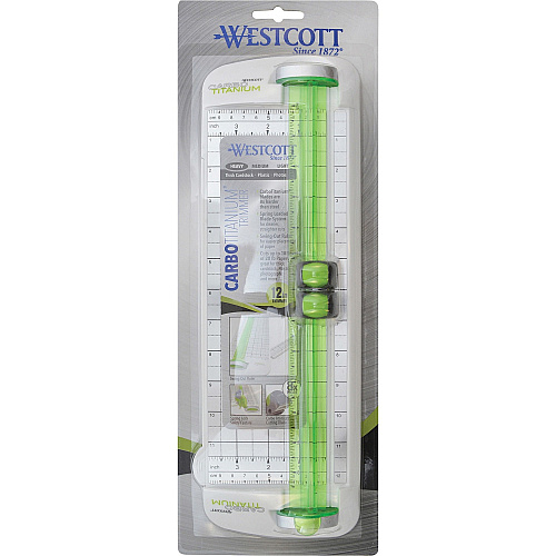 Westcott Carbo Titanium Bonded Narrow Trimmer, 12" CarboTitanium Blade - 12" Cutting Length - 1.6" Height x 6.9" Width x 19.4" Length - Spring-loaded Blade - White, Green - 1 Each (16682)