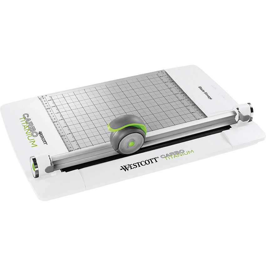 Westcott CarboTitanium Rotary Trimmer CarboTitanium Blade - 12" Cutting Length - 3" Height x 12.1" Width x 19.3" Length - Multi-position Push Button - White, Green - 1 Each (16718)
