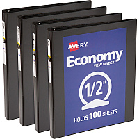 Avery&reg; Economy View Binder 1/2" Binder Capacity - Letter - 8 1/2" x 11" Sheet Size - 100 Sheet Capacity - 3 Ring(s) - Fastener(s): Round Ring - Pocket(s): 2, Internal - Vinyl, Chipboard - Black - 1 lb - Gap-free Ring, Exposed Rivet, Non Lock (05705BD)