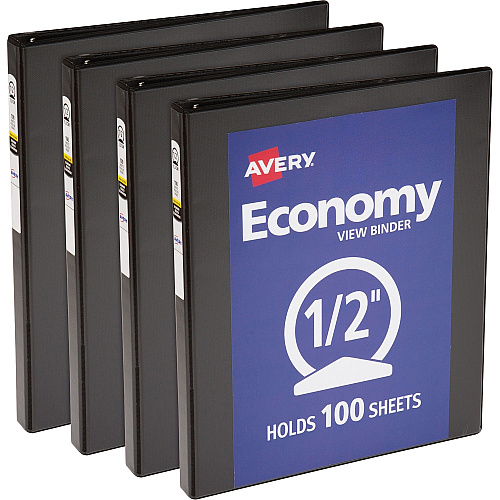 Avery&reg; Economy View Binder 1/2" Binder Capacity - Letter - 8 1/2" x 11" Sheet Size - 100 Sheet Capacity - 3 Ring(s) - Fastener(s): Round Ring - Pocket(s): 2, Internal - Vinyl, Chipboard - Black - 1 lb - Gap-free Ring, Exposed Rivet, Non Lock (05705BD)