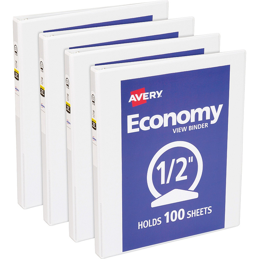 Avery&reg; Economy View Binder 1/2" Binder Capacity - Letter - 8 1/2" x 11" Sheet Size - 100 Sheet Capacity - 3 Ring(s) - Fastener(s): Round Ring - Pocket(s): 2, Internal - Vinyl, Chipboard - White - 13.12 lb - Gap-free Ring, Exposed Rivet, Non  (05706BD)