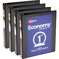 Avery&reg; Economy View Binder 1" Binder Capacity - Letter - 8 1/2" x 11" Sheet Size - 175 Sheet Capacity - 3 Ring(s) - Fastener(s): Round Ring - Pocket(s): 2, Internal - Vinyl, Chipboard - Black - 15.84 oz - Gap-free Ring, Exposed Rivet, Non Lo (05710BD)