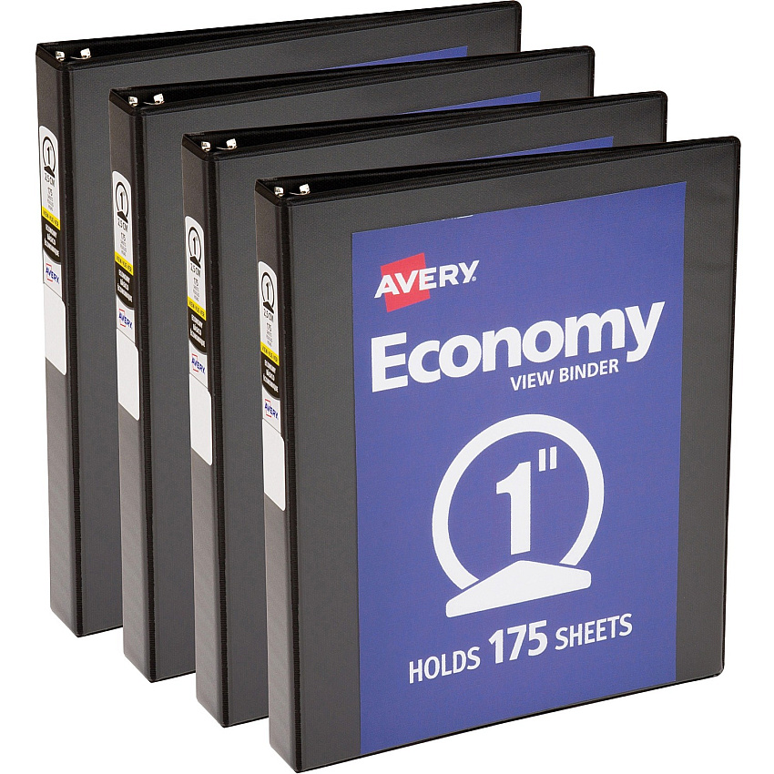 Avery&reg; Economy View Binder 1" Binder Capacity - Letter - 8 1/2" x 11" Sheet Size - 175 Sheet Capacity - 3 Ring(s) - Fastener(s): Round Ring - Pocket(s): 2, Internal - Vinyl, Chipboard - Black - 15.84 oz - Gap-free Ring, Exposed Rivet, Non Lo (05710BD)