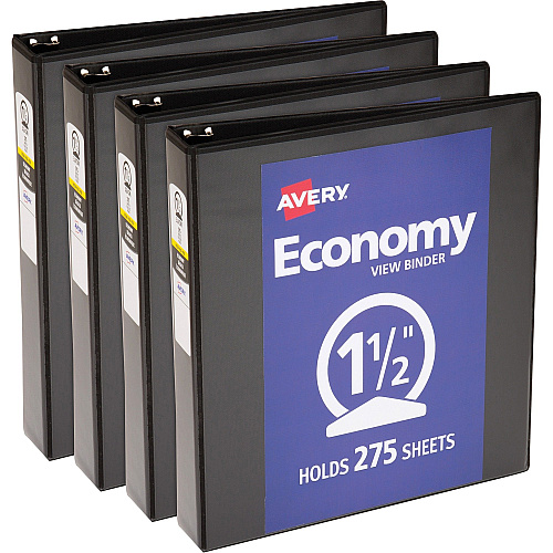Avery&reg; Economy View Binder 1 1/2" Binder Capacity - Letter - 8 1/2" x 11" Sheet Size - 275 Sheet Capacity - 3 Ring(s) - Fastener(s): Round Ring - Pocket(s): 2, Internal - Vinyl, Chipboard - Black - Gap-free Ring, Exposed Rivet, Non Locking M (05725BD)