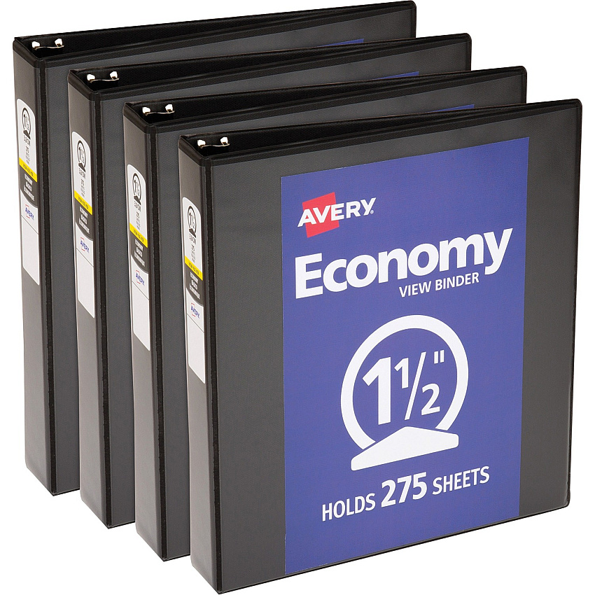 Avery&reg; Economy View Binder 1 1/2" Binder Capacity - Letter - 8 1/2" x 11" Sheet Size - 275 Sheet Capacity - 3 Ring(s) - Fastener(s): Round Ring - Pocket(s): 2, Internal - Vinyl, Chipboard - Black - Gap-free Ring, Exposed Rivet, Non Locking M (05725BD)