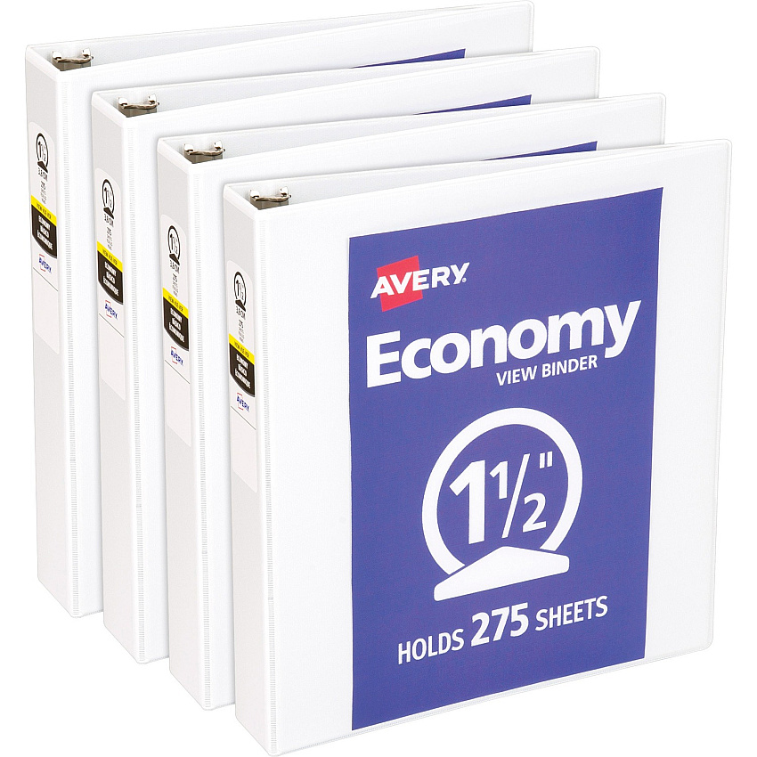 Avery&reg; Economy View Binder 1 1/2" Binder Capacity - Letter - 8 1/2" x 11" Sheet Size - 275 Sheet Capacity - 3 Ring(s) - Fastener(s): Round Ring - Pocket(s): 2, Internal - Vinyl, Chipboard - White - Gap-free Ring, Exposed Rivet, Non Locking M (05726BD)