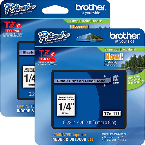 Brother P-touch TZe Laminated Tape Cartridges x 15/64" Width - Rectangle - Clear, Black - Water Resistant - Laminated - Grease Resistant, Grime Resistant, Temperature Resistant, Sunlight Resistant, Heat Resistant, Cold Resistant, Fade Resistant (TZE111BD)