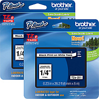 Brother P-touch TZe Laminated Tape Cartridges x 1/4" Width - Rectangle - White - Water Resistant - Laminated - Grease Resistant, Grime Resistant, Temperature Resistant - 2 / Bundle (TZE211BD)