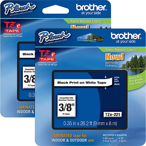Brother P-touch TZe Laminated Tape Cartridges x 3/8" Width - Rectangle - White - Polyester Film, Polyethylene Terephthalate (PET) - Water Resistant - Laminated - Grease Resistant, Grime Resistant, Temperature Resistant - 2 / Bundle (TZE221BD)