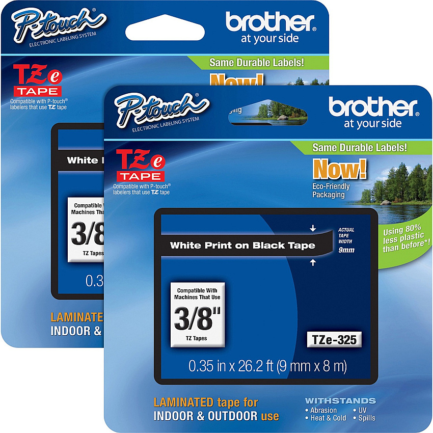 Brother P-touch TZe Laminated Tape Cartridges x 3/8" Width - Rectangle - White - Polyester Film, Polyethylene Terephthalate (PET) - Water Resistant - Laminated - Grease Resistant, Grime Resistant, Temperature Resistant - 2 / Bundle (TZE325BD)