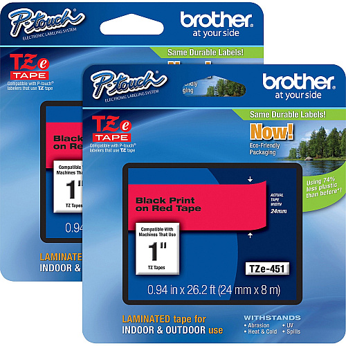 Brother P-touch TZe Laminated Tape Cartridges x 15/16" Width - Rectangle - Thermal Transfer - Black, Red - Water Resistant - Laminated - Chemical Resistant, Heat Resistant, Cold Resistant, Fade Resistant, Tearing Resistant - 2 / Bundle (TZE451BD)