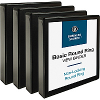 Business Source Round Ring View Binder 1 1/2" Binder Capacity - Letter - 8 1/2" x 11" Sheet Size - 350 Sheet Capacity - Fastener(s): Round Ring - Pocket(s): 2, Internal - Chipboard, Polypropylene - Black - Wrinkle-free, Gap-free Ring, Clear O (BSN09954BD)