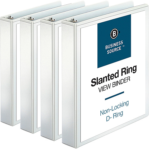 Business Source Basic D-Ring View Binders 1 1/2" Binder Capacity - Letter - 8 1/2" x 11" Sheet Size - 375 Sheet Capacity - 3 Ring(s) - Fastener(s): Slant D-Ring - Pocket(s): Internal - Chipboard, Polypropylene - White - Clear Overlay, Non-gla (BSN28441BD)
