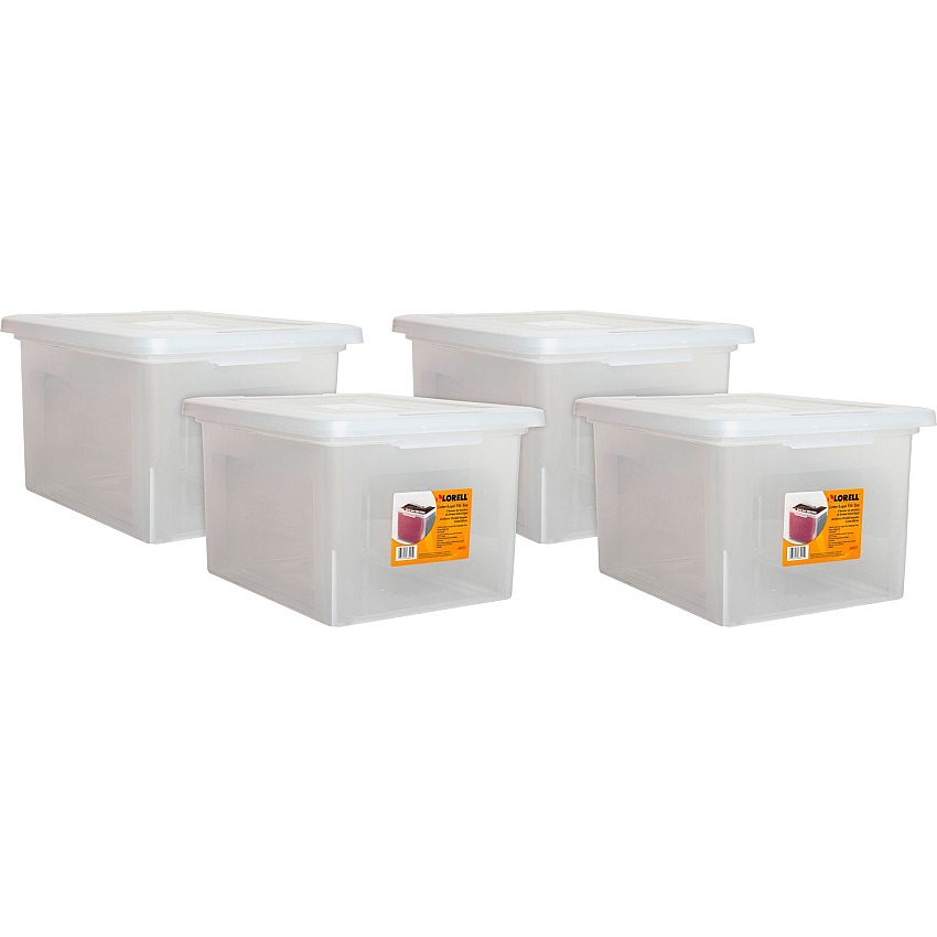 Lorell Stacking File Boxes External Dimensions: 14.2" Width x 18" Depth x 10.8" Height - Media Size Supported: Letter, Legal - Interlocking Closure - Stackable - Plastic - Clear - For File - 4 / Carton (LLR68925CT)