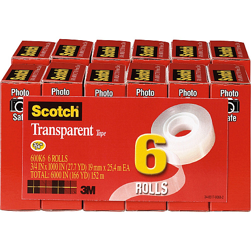 Scotch Transparent Tape - 3/4"W 27.78 yd Length x 0.75" Width - 1" Core - Clear - Moisture Resistant, Stain Resistant, Long Lasting - For Mending, Packing, Multipurpose, Wrapping, Label Protection - 6/Pack - 2 / Bundle (600K6BD)