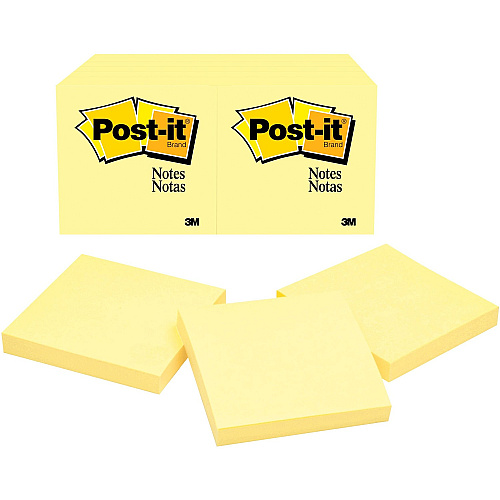 Post-it&reg; Notes Original Notepads 3" Flag/Note Width x 3" Flag/Note Length - Square - 100 Sheets per Pad - Unruled - Canary Yellow - Paper - Self-adhesive, Repositionable - 12/Pack - 2 / Bundle (654YWBD)