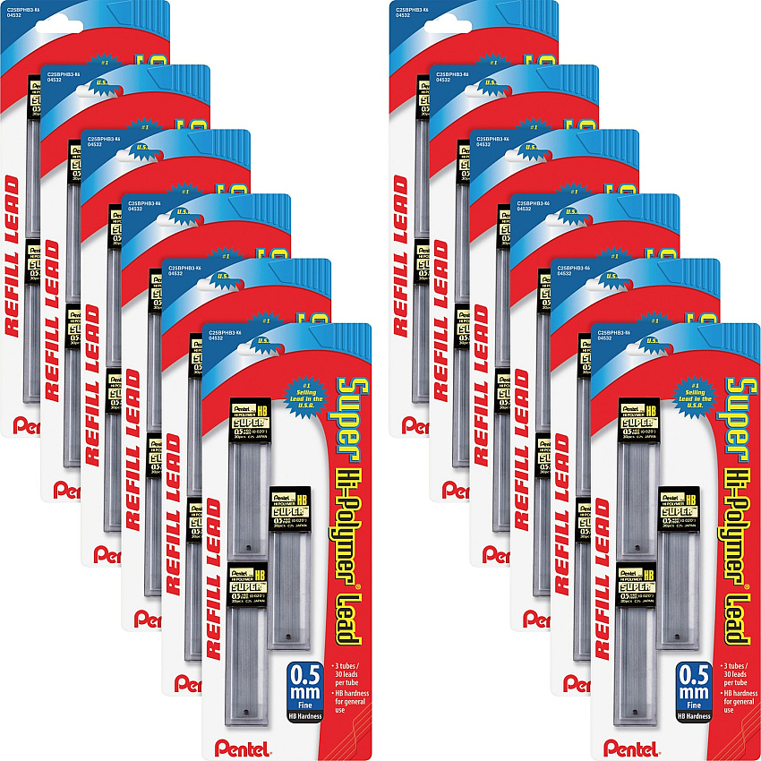 Pentel Super Hi-Polymer Leads 0.5 mm , Fine Point - HB - Graphite Lead - 30/Tube - 36 / Box (C25BPHB3K6BX)