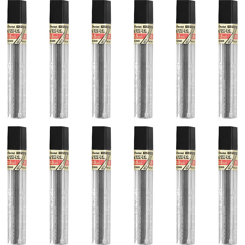 Pentel Super Hi-Polymer Leads 0.5 mm , Fine Point - 2H - Black Lead - 12/Tube - 12 / Box (C5052HBX)