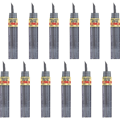 Pentel Super Hi-Polymer Leads 0.5 mm , Fine Point - H - Black Lead - 12/Tube - 12 / Box (C505HBX)