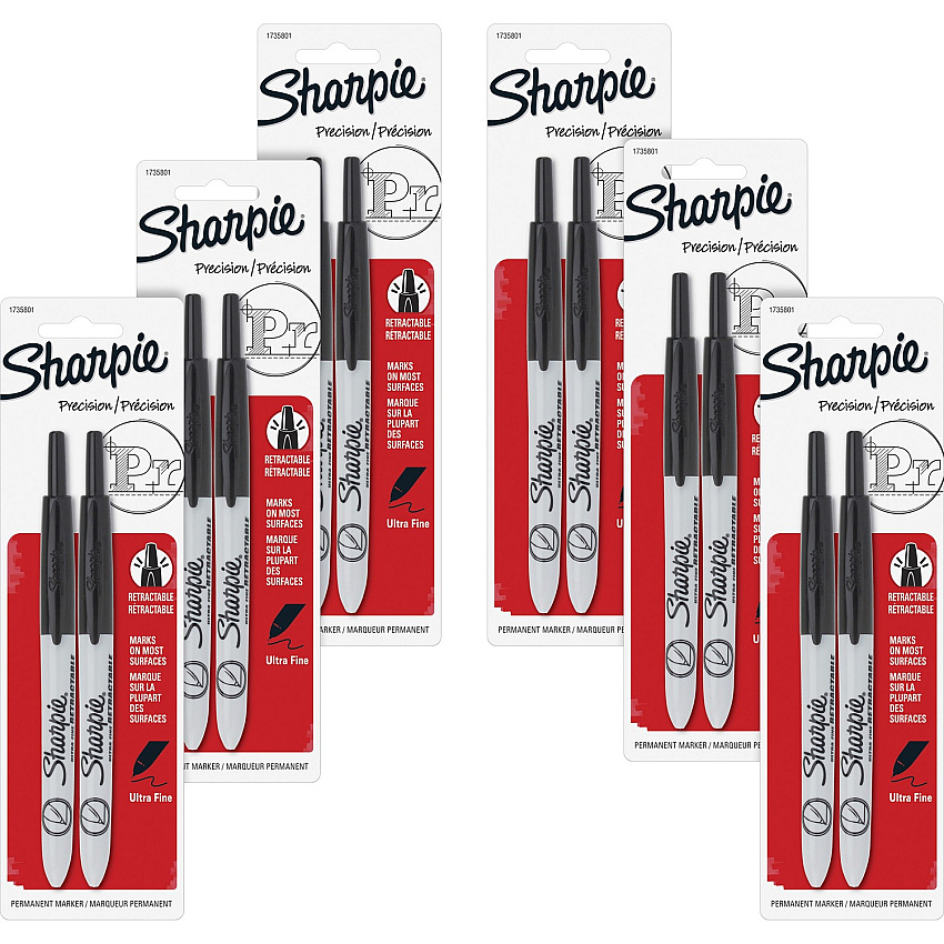 Sharpie Retractable Ultra-Fine Point Permanent Markers Ultra Fine Marker Point - Retractable - Black Ink - 2/Pack - 6 / Box (1735801BX)