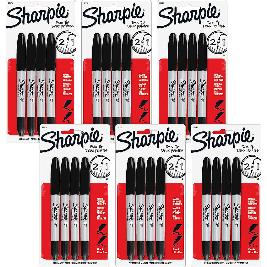 Sharpie Twin Tip Permanent Markers Fine, Ultra Fine Marker Point - Black Ink - Alcohol Based - 4/Pack - 6 / Bag (32175PPBG)