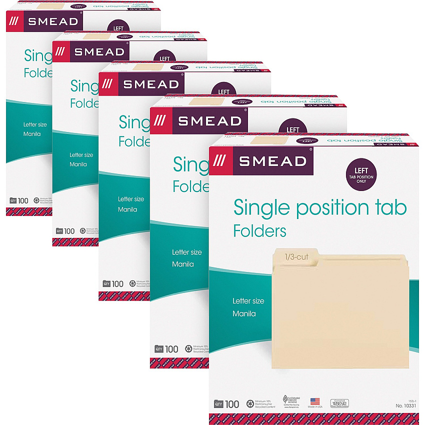 Smead 1/3 Tab Cut Letter Recycled Top Tab File Folder 8 1/2" x 11" - 3/4" Expansion - Top Tab Location - Left Tab Position - 11 pt. - 1 Plys - Manila - Sturdy - 10% Recycled - 100/Box - 5 / Carton (10331CT)