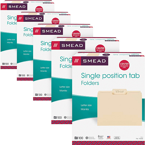 Smead 1/3 Tab Cut Letter Recycled Top Tab File Folder 8 1/2" x 11" - 3/4" Expansion - Top Tab Location - Center Tab Position - 11 pt. - 1 Plys - Manila - Sturdy - 10% Recycled - 100/Box - 5 / Carton (10332CT)