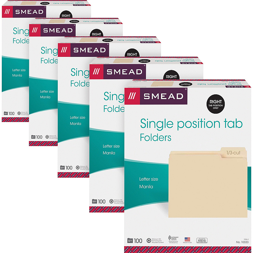 Smead 1/3 Tab Cut Letter Recycled Top Tab File Folder 8 1/2" x 11" - 3/4" Expansion - Top Tab Location - Right Tab Position - 11 pt. - 1 Plys - Manila - Sturdy - 10% Recycled - 100/Box - 5 / Carton (10333CT)