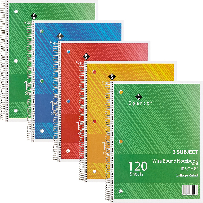 Sparco Wire Bound College Ruled Notebook 120 Sheets - Wire Bound - College Ruled Front Ruling - Unruled Margin - 16 lb Basis Weight - 8" x 10 1/2" Sheet Size - Assorted Paper - Assorted Chipboard Cover - Resist Bleed-through, Subject, Stiff-cove (83254BD)