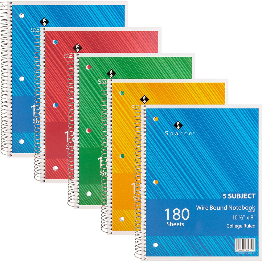 Sparco Wirebound College Ruled Notebooks 180 Sheets - Wire Bound - College Ruled Front Ruling - Unruled Margin - 8" x 10 1/2" Sheet Size - Assorted Paper - Assorted Chipboard Cover - Resist Bleed-through, Subject, Stiff-back, Stiff-cover - 5 / B (83255BD)