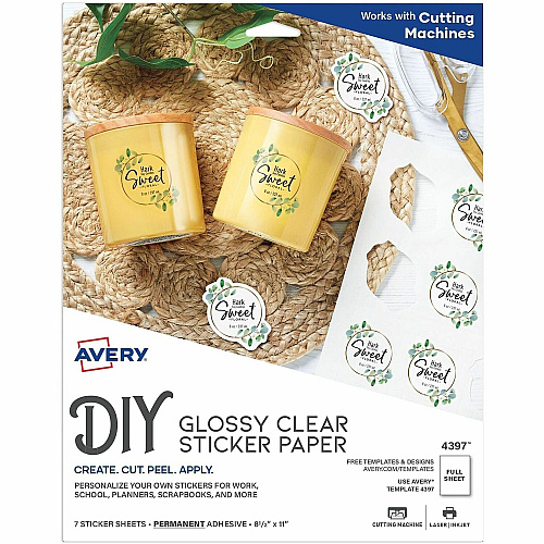 Avery&reg; Permanent Sticker Paper Letter - 8 1/2" x 11" - Printable, Permanent, Print-to-the-edge, Acid-free, Lignin-free - Glossy, Clear - 7/Pack - 1 Carton (04397)
