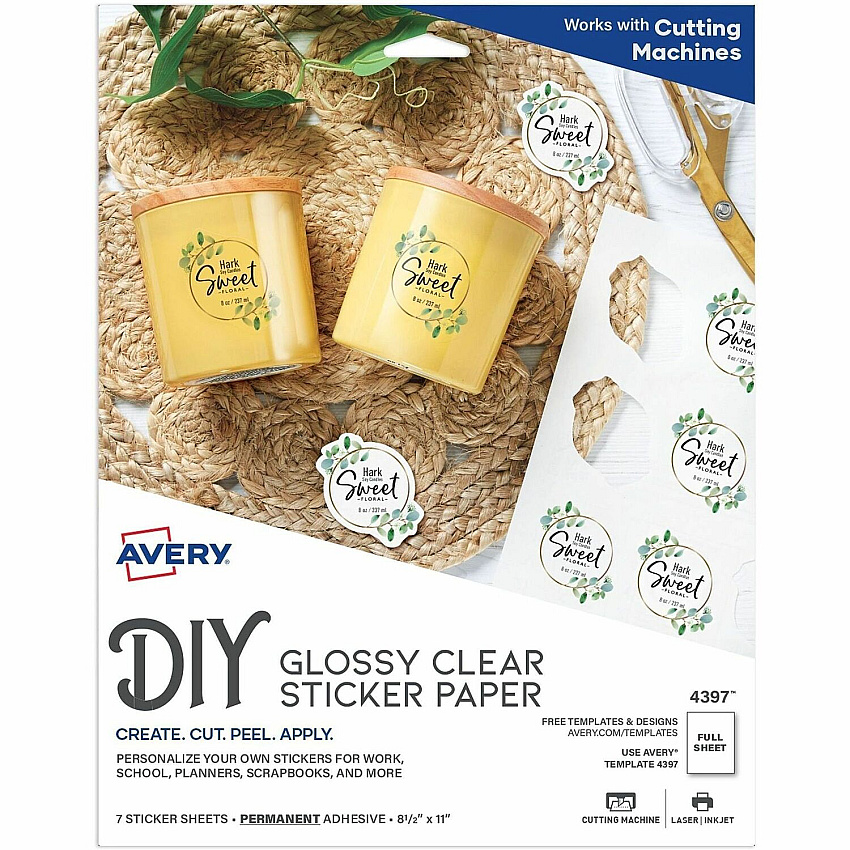 Avery&reg; Permanent Sticker Paper Letter - 8 1/2" x 11" - Printable, Permanent, Print-to-the-edge, Acid-free, Lignin-free - Glossy, Clear - 7/Pack - 1 Carton (04397)