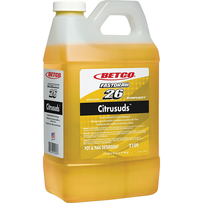 Betco Symplicity Citrusuds Pot/Pan Detergent - FASTDRAW 26 Concentrate - 67.6 fl oz (2.1 quart) - Lemon Scent - Heavy Duty, Long Lasting, Spill Proof, Phosphate-free - Yellow - 1 Each (21094700)