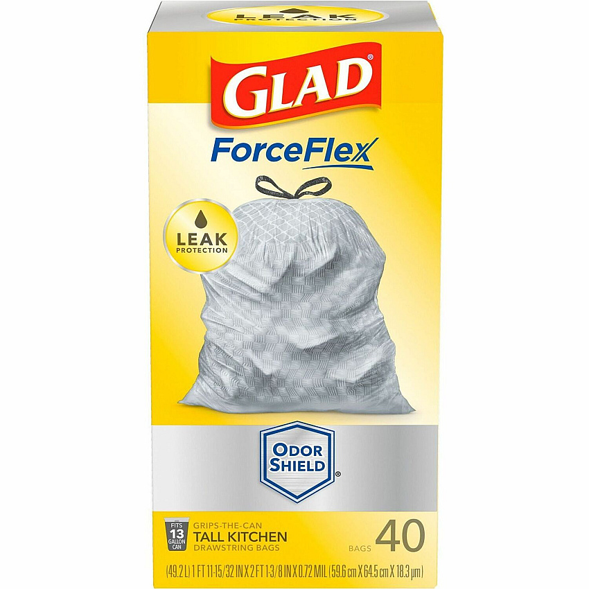 Glad ForceFlex Tall Kitchen Drawstring Trash Bags - OdorShield 13 gal Capacity - 23.74" Width x 24.88" Length x 0.72 mil (18 Micron) Thickness - Drawstring Closure - Gray - Commercial, Home, Indoor, Office, Outdoor, Restaurant, Garbage - 40 / Box (79008)