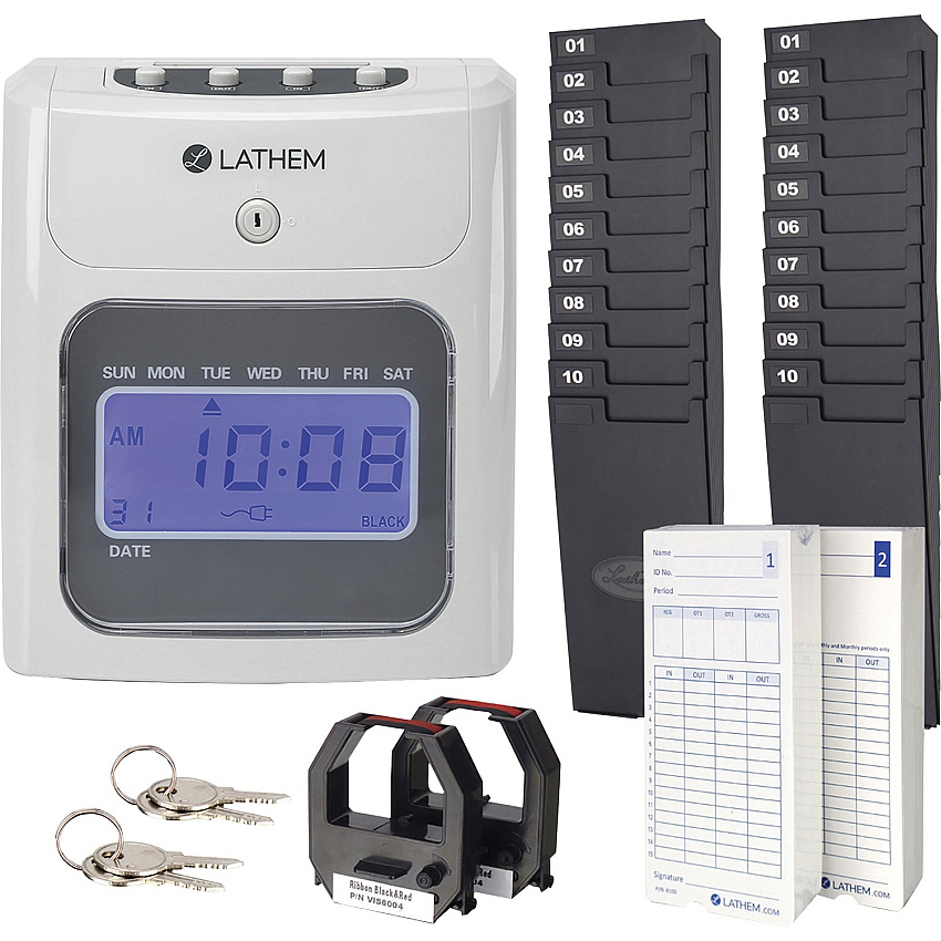 Lathem 400E Top Feed Electronic Time Clock Kit Card Punch/Stamp - Month, Date, Week, Time, Bi-weekly, Semi-monthly, Month Record Time (400EKIT)