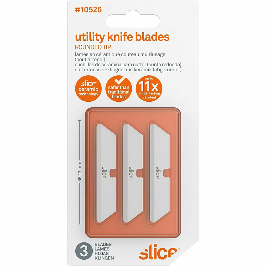 Slice Rounded Tip Ceramic Utility Blades 2.60" Length - Non-conductive, Non-magnetic, Rust Resistant, Reversible, Non-sparking - Zirconium Oxide - White - 3 / Pack (10526)
