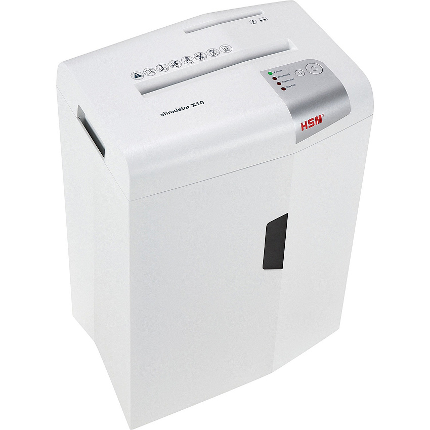 HSM shredstar X10 - 3/16" x 1 1/8" + Sep. CD Cutting Unit Particle Cut - 10 Per Pass - for shredding CD, DVD, Paper, Staples, Paper Clip, Credit Card - 0.188" x 1.125" Shred Size - P-4/O-1/T-2/E-2/F-1 - 8.66" Throat - 5.30 gal Wastebin Capacity  (1045113)
