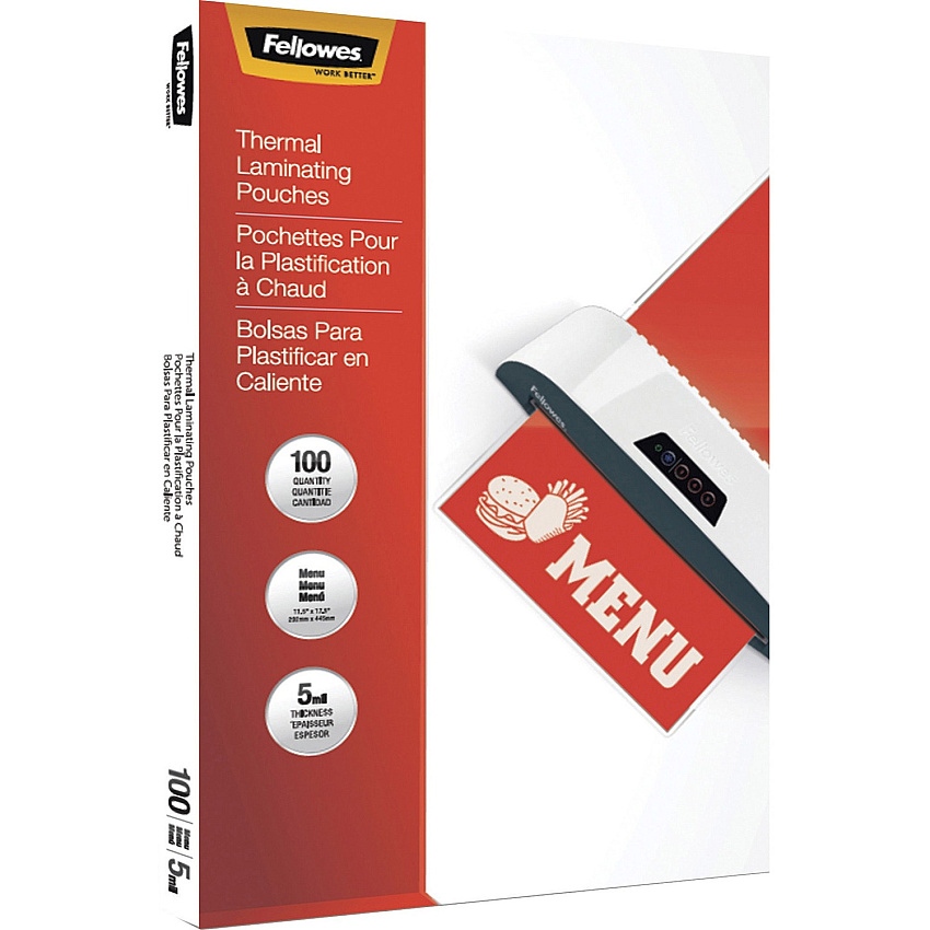 Fellowes Menu Size Thermal Laminating Pouches Sheet Size Supported: Menu 11.50" Width x 17.50" Length - Laminating Pouch/Sheet Size: 11.50" Width x 5 mil Thickness - Glossy - for Document, Menu - Photo-safe, Durable - Clear - 100 / Pack (5746001)