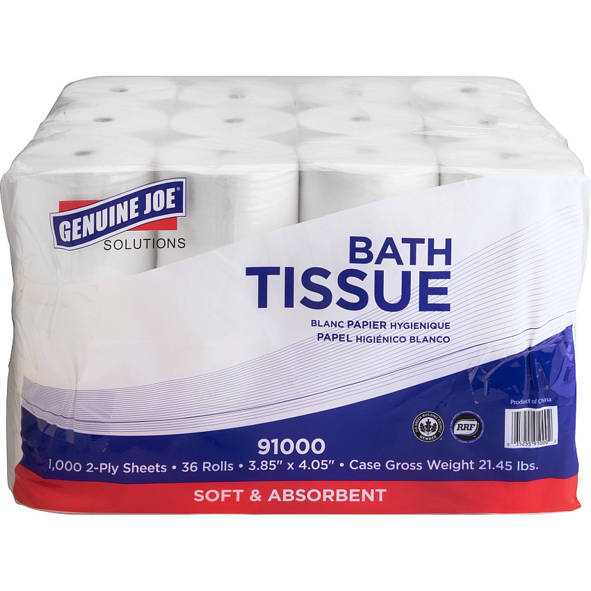 Genuine Joe&reg; Standard Toilet Paper, 2-Ply, 1,000 Sheets, 2,016 Rolls 2 Ply - 1000 Sheets/Roll - WhitePack - 36/Pack - 56 / Pallet (GJO91000PL)