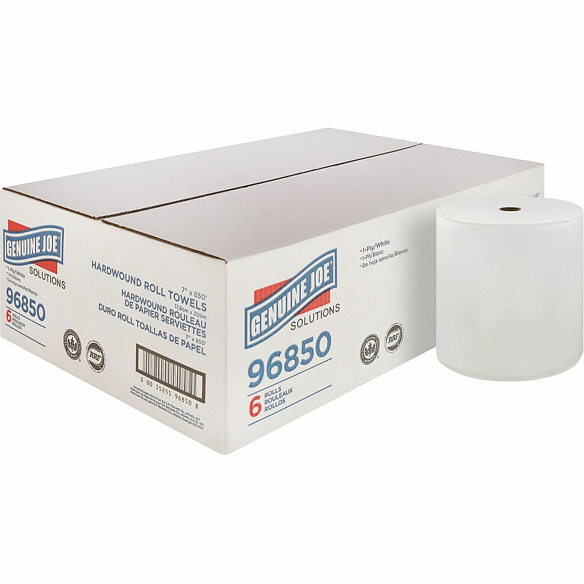 Genuine Joe&reg; Hardwound Roll Paper Towels, White, 65 Carton/Pallet 1 Ply - 7" Width x 850 ft Length - White - 390 / Pallet (GJO96850PL)