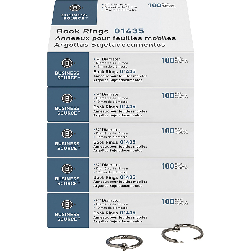 Business Source Standard Book Rings 0.8" Diameter - Silver - 100/Box - 5 / Bundle (BSN01435BD)