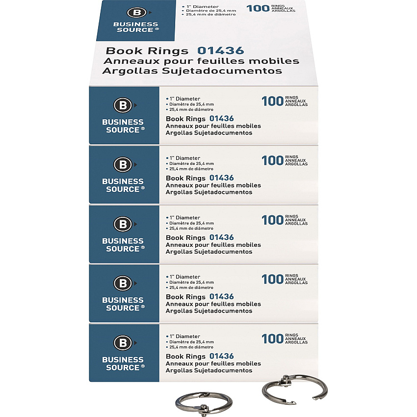 Business Source Standard Book Rings 1" Diameter - Silver - Nickel Plated - 100/Box - 5 / Bundle (BSN01436BD)