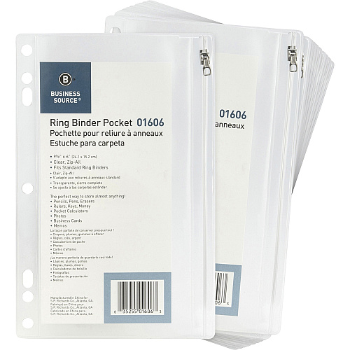 Business Source Punched Economy Binder Pocket 9.5" Height x 6" Width - 7 x Holes - Ring Binder - Clear - Plastic - 24 / Box (BSN01606BX)